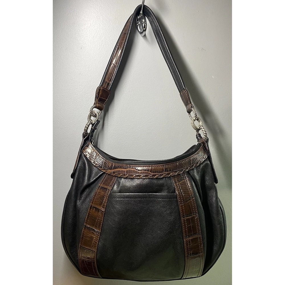 BRIGHTON Leather Women's Croc Purse Black&Brown Bag Tassel Hobo  9x13x2.5"‎ - Picture 3 of 16